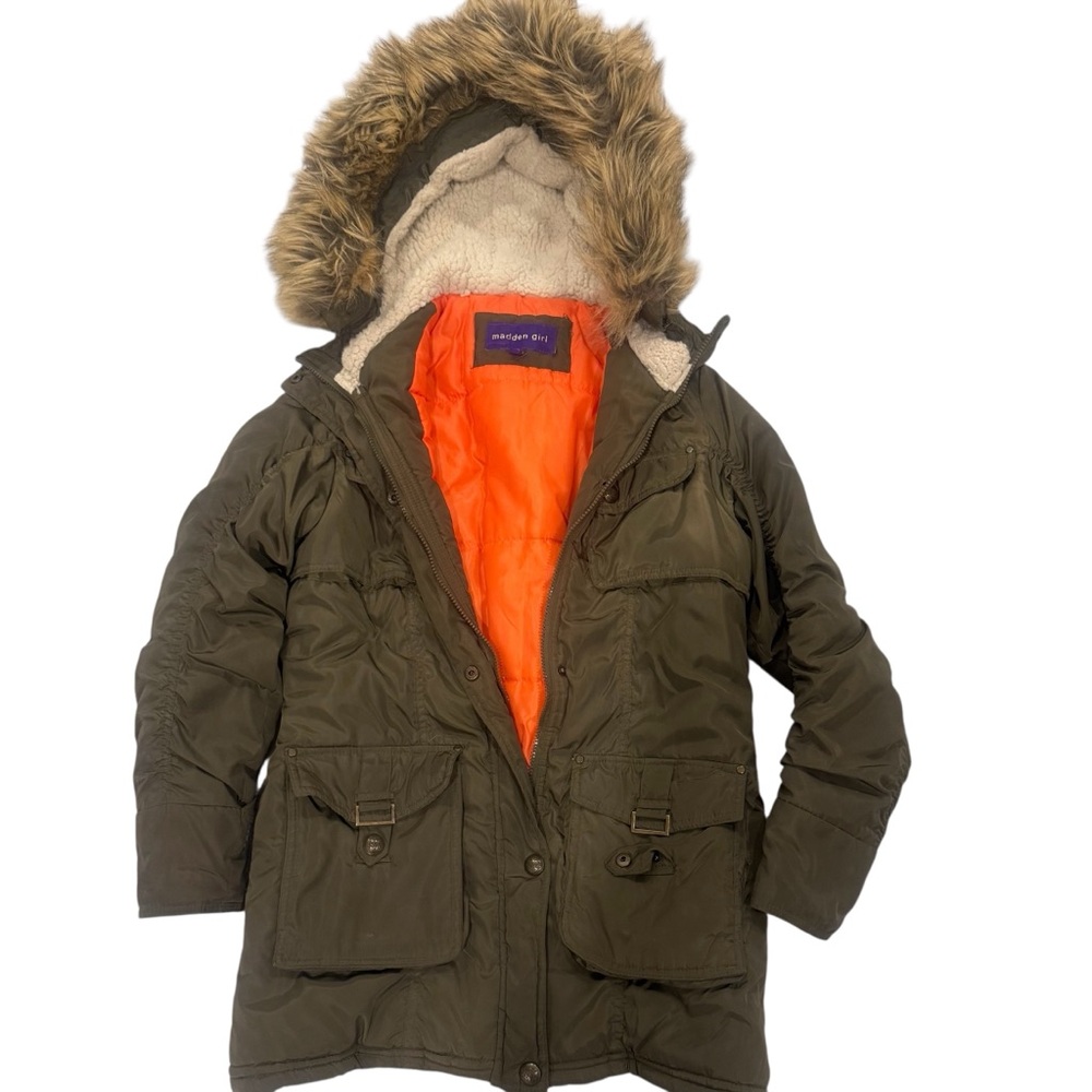 Madden Girl Army Green UtilityJacket Faux Fur Sherpa Lined Hood Ruching Medium